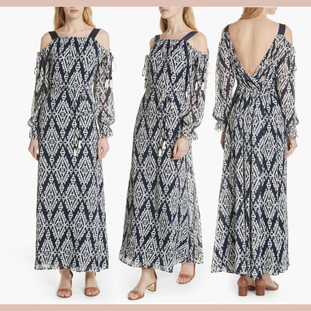 NEW $598 TORY BURCH [ XL ] Katherine Cold Shoulder Pleat Wrap Dress Navy‎ J2198